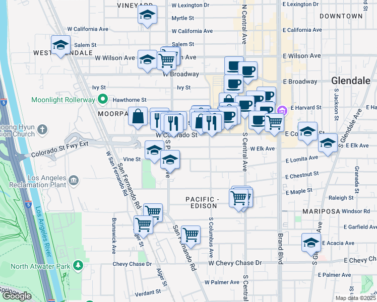 map of restaurants, bars, coffee shops, grocery stores, and more near 446 West Elk Avenue in Glendale