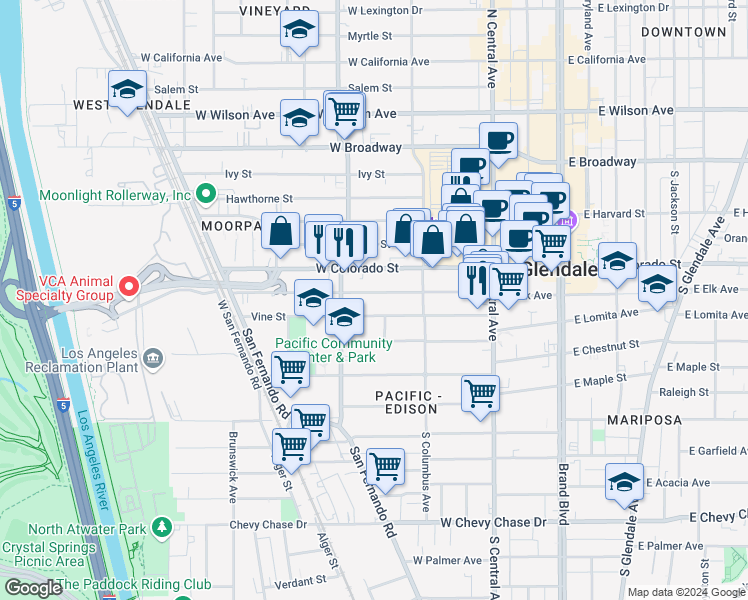 map of restaurants, bars, coffee shops, grocery stores, and more near 446 West Elk Avenue in Glendale