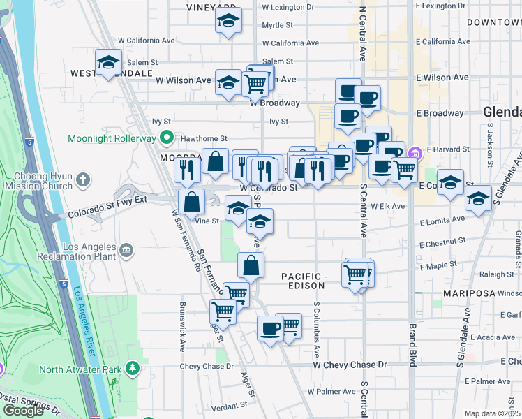 map of restaurants, bars, coffee shops, grocery stores, and more near 478 Colorado Boulevard in Glendale