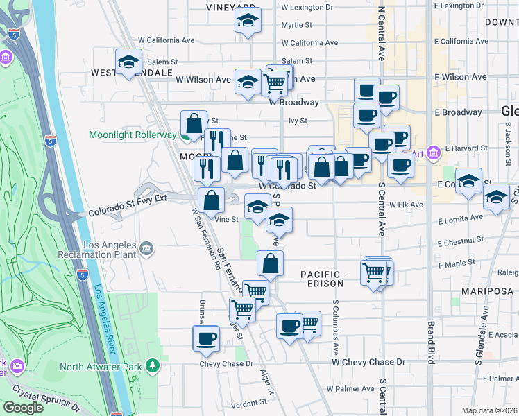 map of restaurants, bars, coffee shops, grocery stores, and more near 534 West Elk Avenue in Glendale
