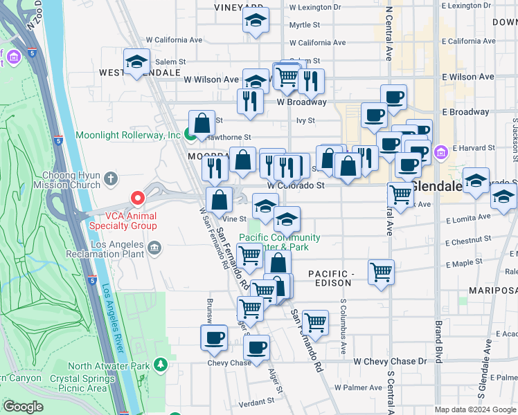 map of restaurants, bars, coffee shops, grocery stores, and more near 532 West Elk Avenue in Glendale