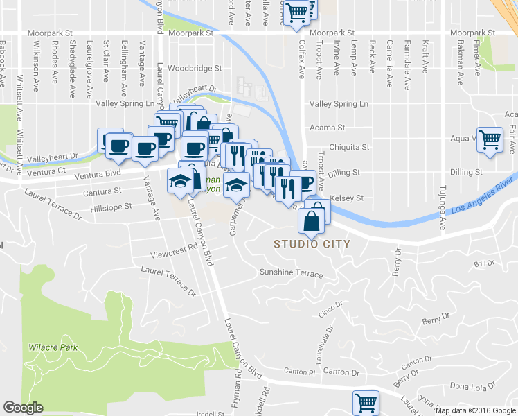 map of restaurants, bars, coffee shops, grocery stores, and more near 11847 Laurelwood Drive in Los Angeles
