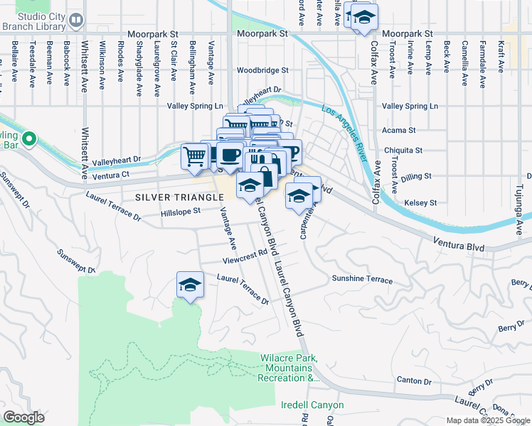 map of restaurants, bars, coffee shops, grocery stores, and more near 3921 Laurel Canyon Boulevard in Los Angeles
