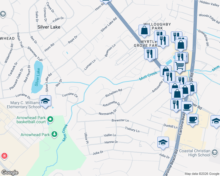 map of restaurants, bars, coffee shops, grocery stores, and more near 234 Richelieu Rd in Wilmington