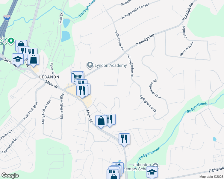map of restaurants, bars, coffee shops, grocery stores, and more near 919 Lebanon Place in Woodstock