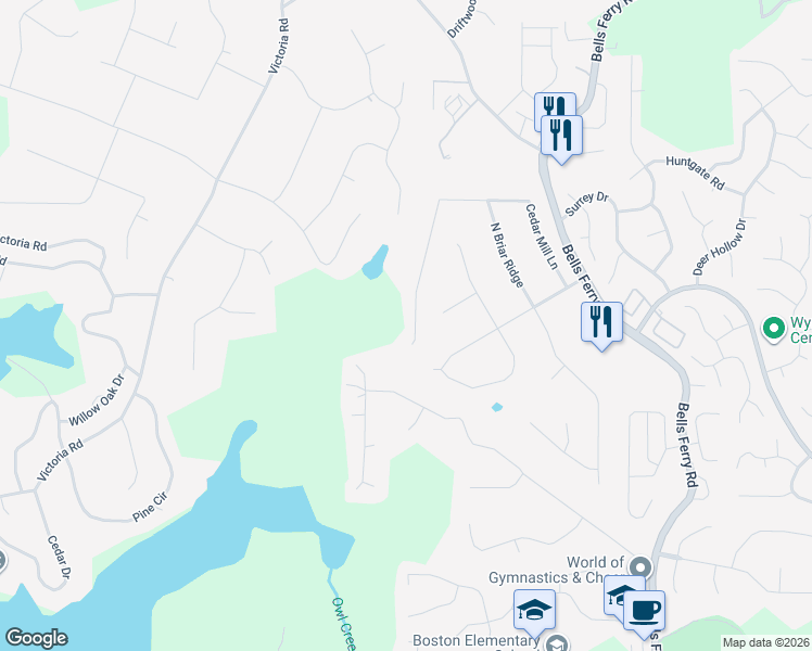 map of restaurants, bars, coffee shops, grocery stores, and more near 276 Cedar Mill Lane in Woodstock