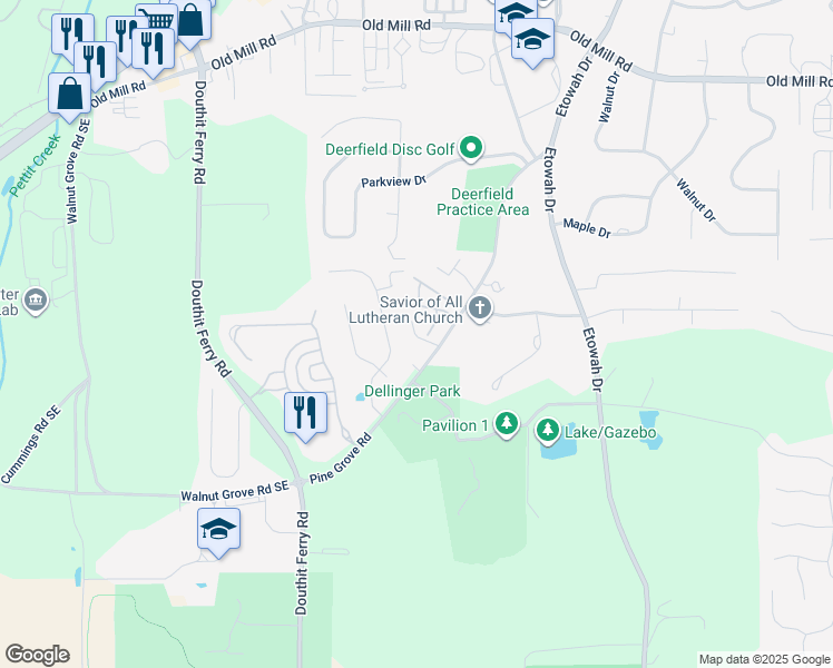 map of restaurants, bars, coffee shops, grocery stores, and more near 25 Stewart Drive in Cartersville