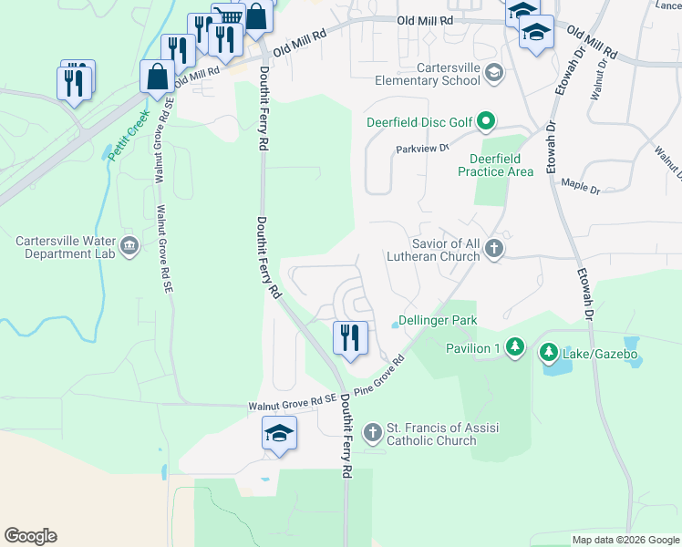 map of restaurants, bars, coffee shops, grocery stores, and more near 48 Lake Haven Drive in Cartersville