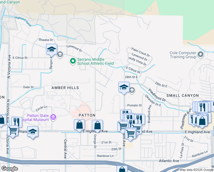 map of restaurants, bars, coffee shops, grocery stores, and more near 2725 Cole Avenue in Highland