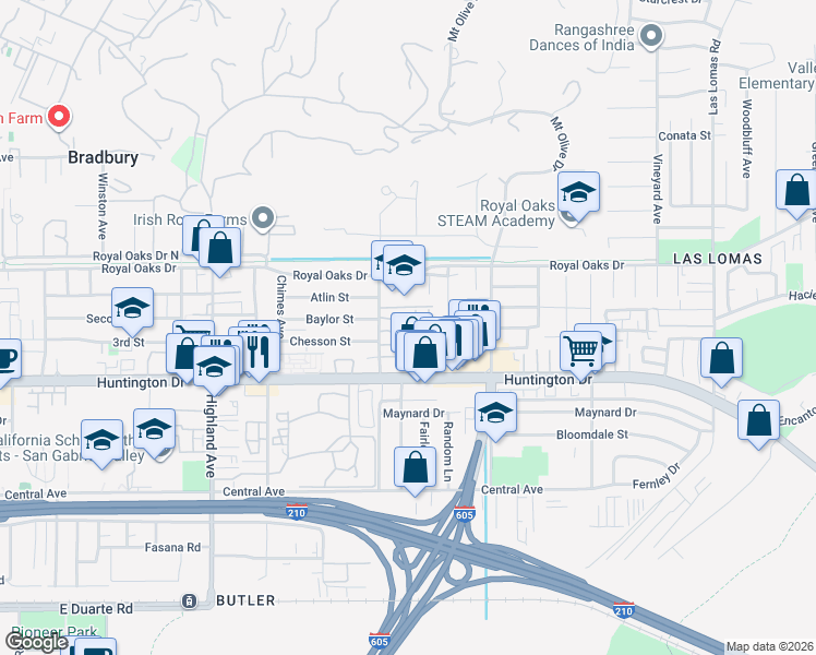 map of restaurants, bars, coffee shops, grocery stores, and more near 1020 Bradbourne Avenue in Duarte