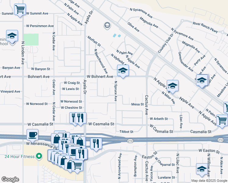 map of restaurants, bars, coffee shops, grocery stores, and more near 2311 North Beechwood Avenue in Rialto