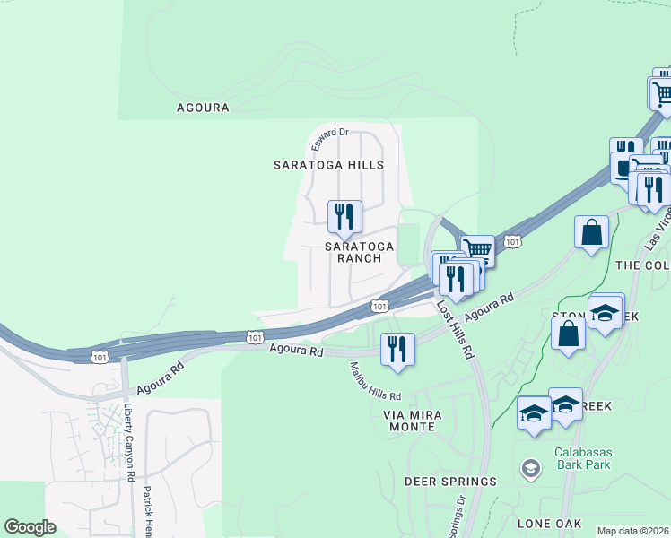 map of restaurants, bars, coffee shops, grocery stores, and more near 5054 Ludgate Drive in Agoura Hills