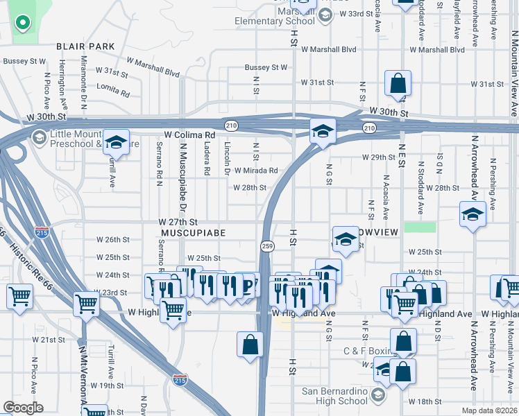 map of restaurants, bars, coffee shops, grocery stores, and more near 2745 North I Street in San Bernardino