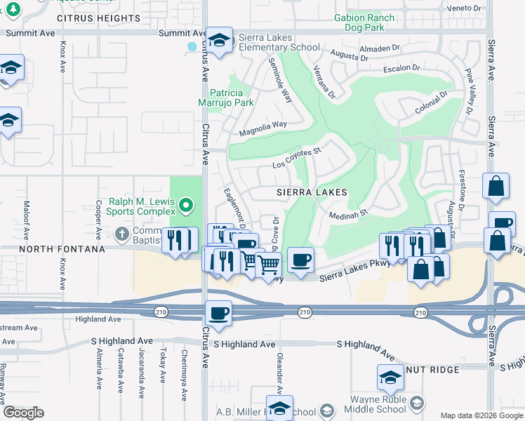 map of restaurants, bars, coffee shops, grocery stores, and more near 16258 Pablo Creek Lane in Fontana
