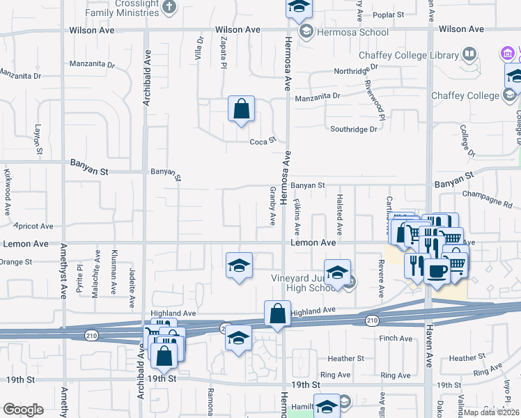 map of restaurants, bars, coffee shops, grocery stores, and more near 6205 Dartmouth Avenue in Rancho Cucamonga
