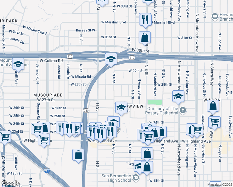 map of restaurants, bars, coffee shops, grocery stores, and more near 2747 North G Street in San Bernardino