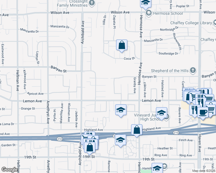 map of restaurants, bars, coffee shops, grocery stores, and more near 9867 Liberty Street in Rancho Cucamonga