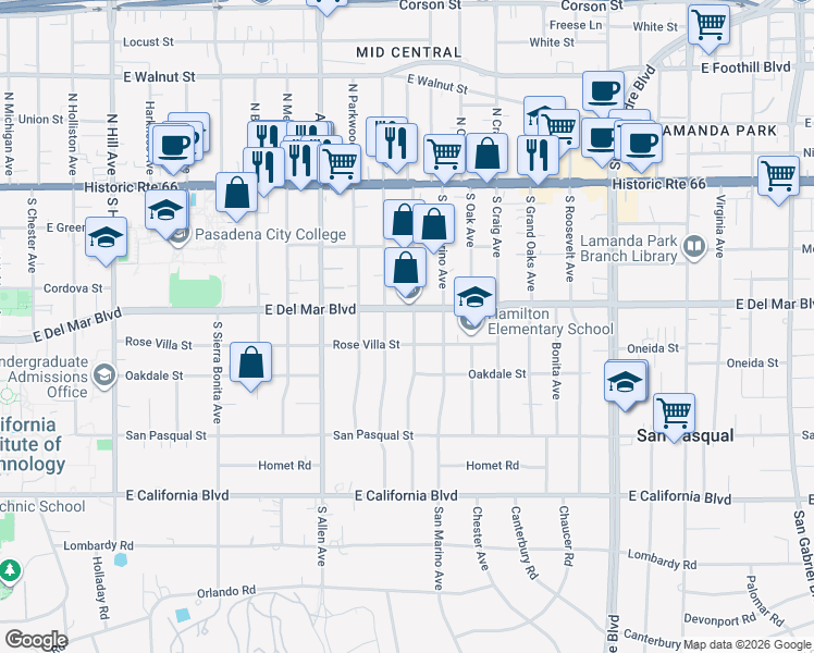 map of restaurants, bars, coffee shops, grocery stores, and more near 265 South Berkeley Avenue in Pasadena
