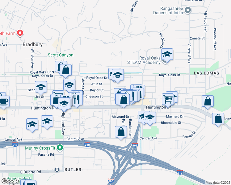 map of restaurants, bars, coffee shops, grocery stores, and more near 1020 Bradbourne Avenue in Duarte