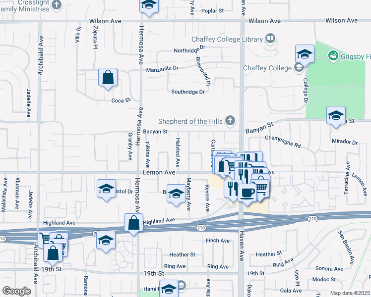 map of restaurants, bars, coffee shops, grocery stores, and more near 6206 Mayberry Avenue in Rancho Cucamonga
