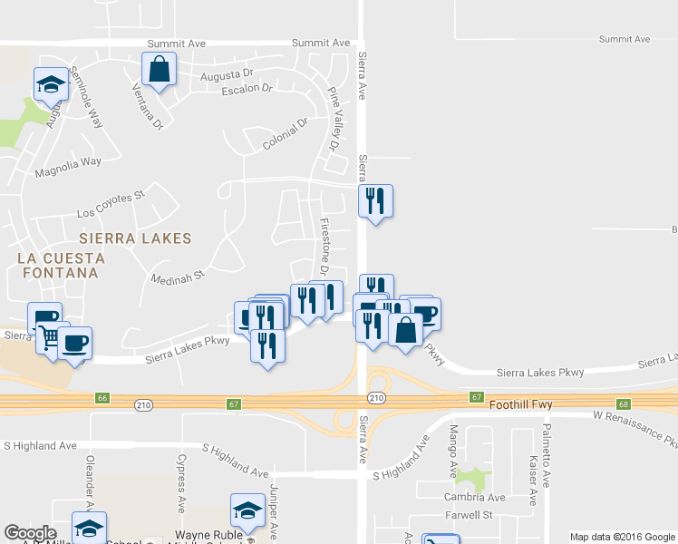 map of restaurants, bars, coffee shops, grocery stores, and more near 6185 Shoreacres Lane in Fontana