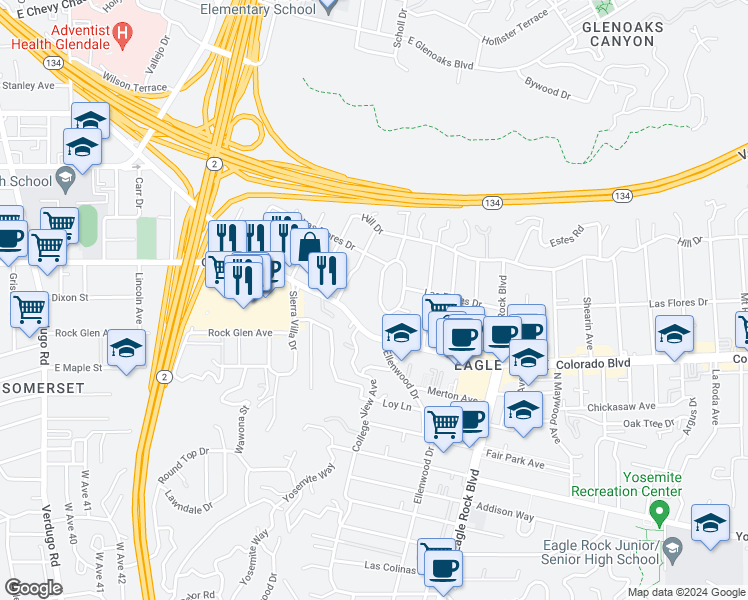 map of restaurants, bars, coffee shops, grocery stores, and more near 5141 Ellenwood Drive in Los Angeles