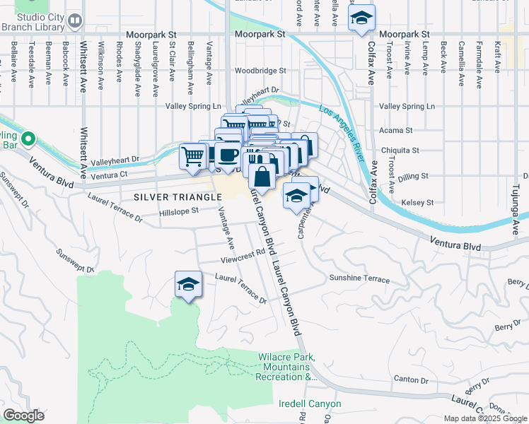 map of restaurants, bars, coffee shops, grocery stores, and more near 3930 Laurel Canyon Boulevard in Los Angeles
