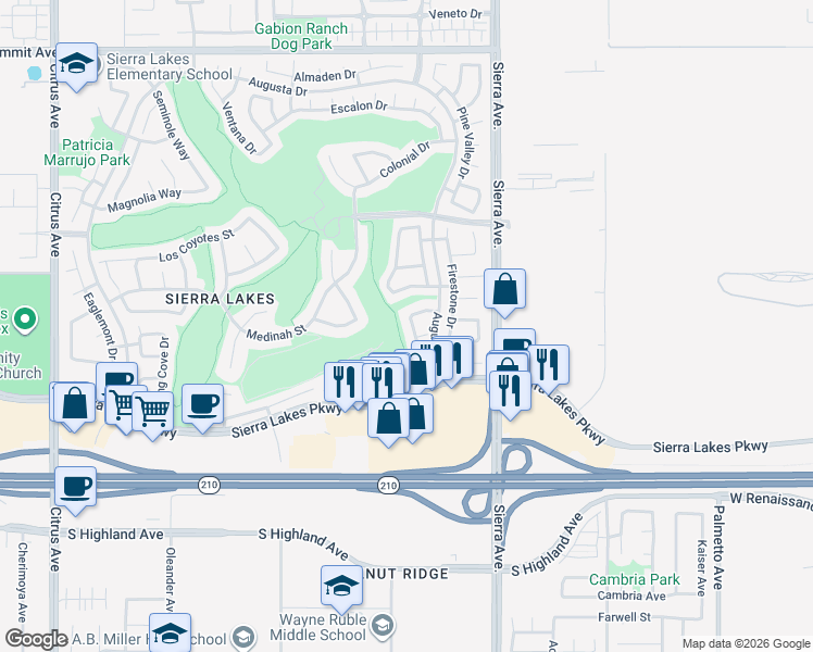 map of restaurants, bars, coffee shops, grocery stores, and more near 6190 Beth Page Drive in Fontana