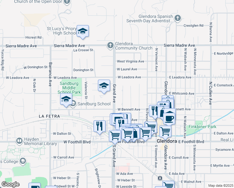 map of restaurants, bars, coffee shops, grocery stores, and more near 358 North Grand Avenue in Glendora