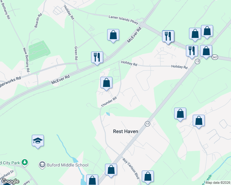 map of restaurants, bars, coffee shops, grocery stores, and more near 404 Apple Wood Court in Buford