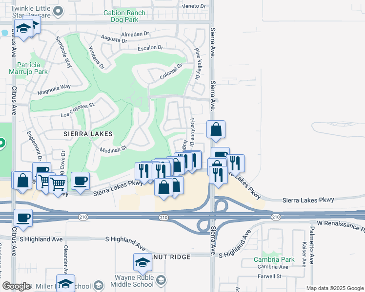 map of restaurants, bars, coffee shops, grocery stores, and more near 16780 Spy Glass Court in Fontana