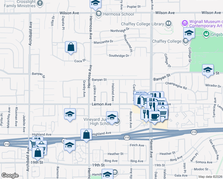 map of restaurants, bars, coffee shops, grocery stores, and more near 6210 Halsted Avenue in Rancho Cucamonga