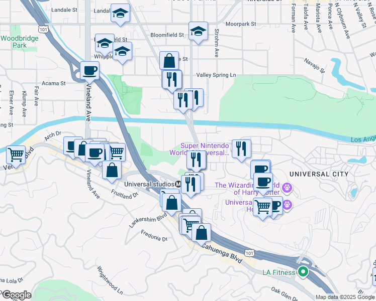 map of restaurants, bars, coffee shops, grocery stores, and more near 10624 Bluffside Drive in Los Angeles