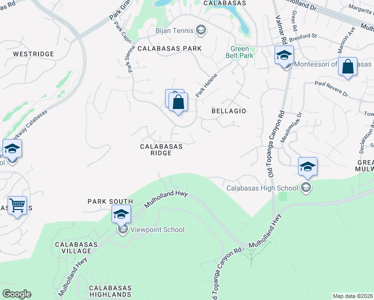 map of restaurants, bars, coffee shops, grocery stores, and more near 23324 Park Columbo in Calabasas