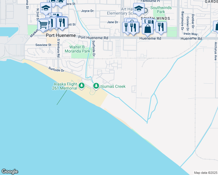 map of restaurants, bars, coffee shops, grocery stores, and more near 846 Bluewater Way in Port Hueneme