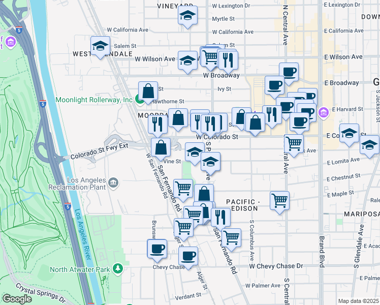 map of restaurants, bars, coffee shops, grocery stores, and more near 534 West Elk Avenue in Glendale