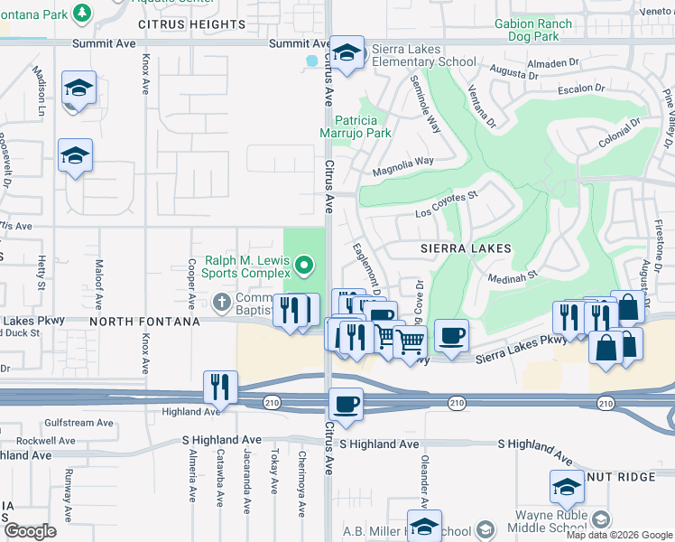 map of restaurants, bars, coffee shops, grocery stores, and more near 6198 Goldendale Way in Fontana