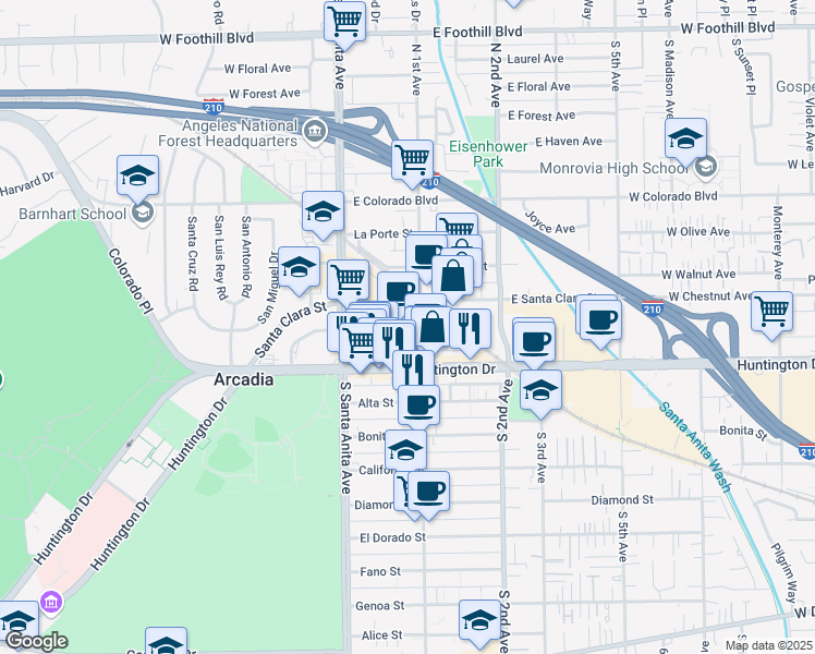 map of restaurants, bars, coffee shops, grocery stores, and more near 57 Wheeler Avenue in Arcadia