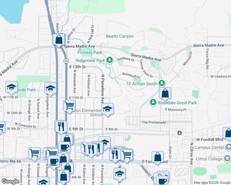 map of restaurants, bars, coffee shops, grocery stores, and more near 543 Canyon Heights Drive in Azusa