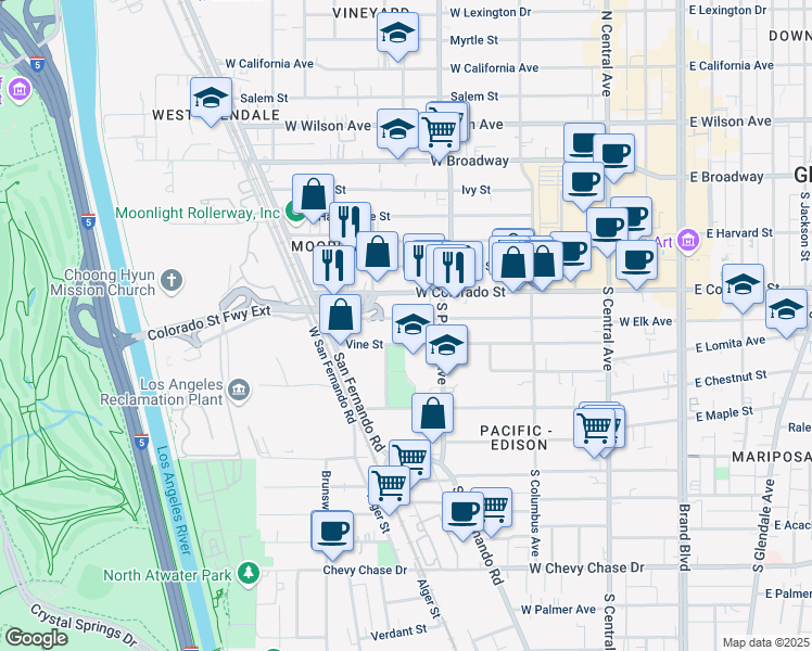 map of restaurants, bars, coffee shops, grocery stores, and more near 532 West Elk Avenue in Glendale