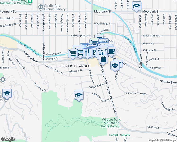 map of restaurants, bars, coffee shops, grocery stores, and more near 12100 Hillslope Street in Los Angeles