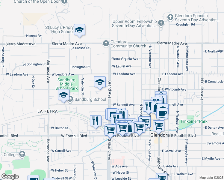 map of restaurants, bars, coffee shops, grocery stores, and more near 358 North Grand Avenue in Glendora
