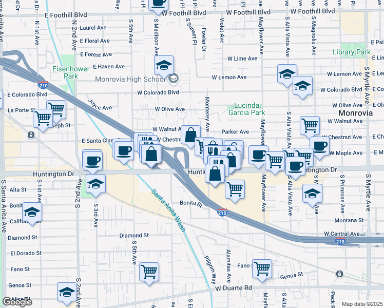 map of restaurants, bars, coffee shops, grocery stores, and more near 745 West Huntington Drive in Monrovia
