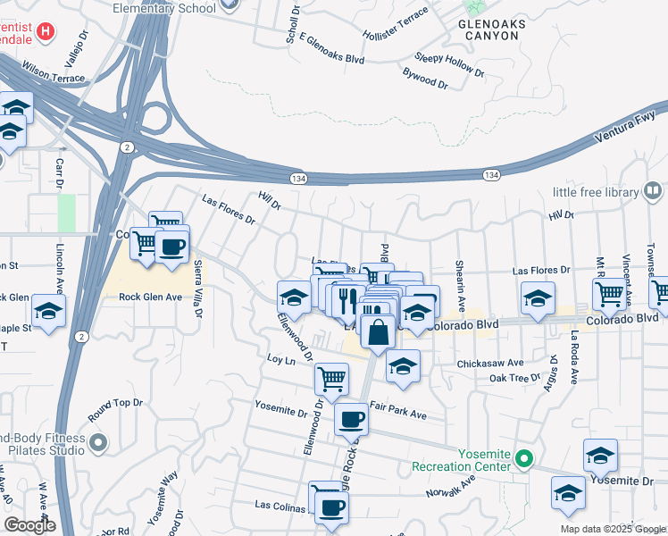 map of restaurants, bars, coffee shops, grocery stores, and more near 5161 El Rio Avenue in Los Angeles