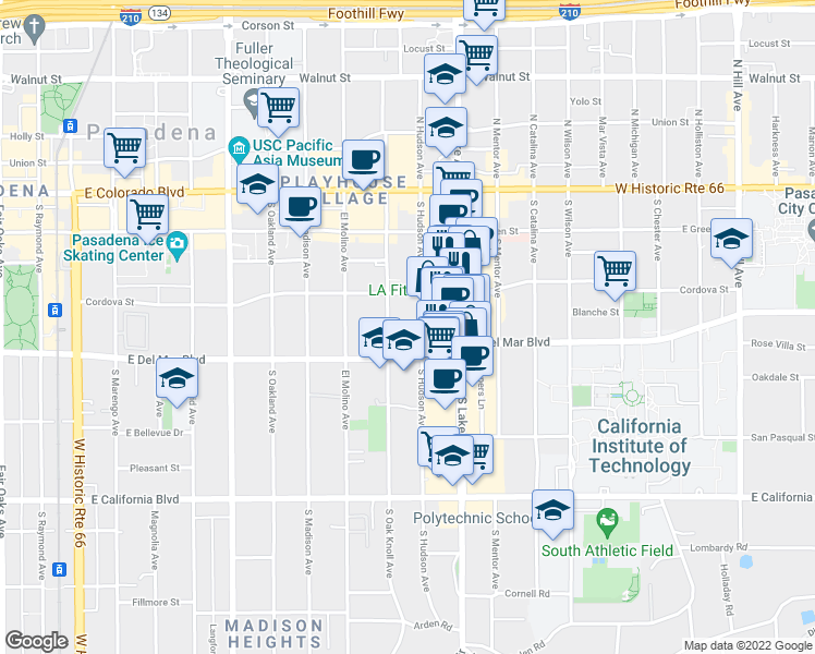 map of restaurants, bars, coffee shops, grocery stores, and more near 257 South Hudson Avenue in Pasadena