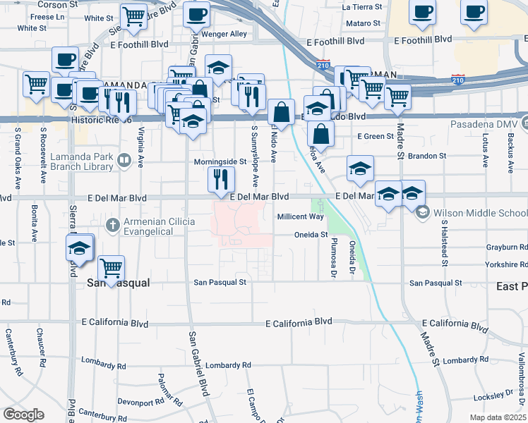 map of restaurants, bars, coffee shops, grocery stores, and more near 2956 East Del Mar Boulevard in Pasadena