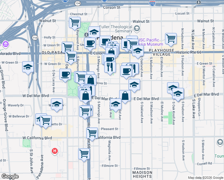 map of restaurants, bars, coffee shops, grocery stores, and more near 330 Cordova Street in Pasadena