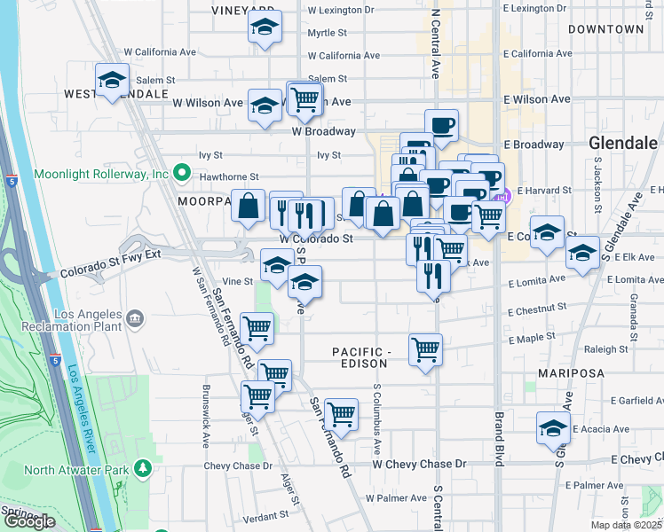 map of restaurants, bars, coffee shops, grocery stores, and more near 446 West Elk Avenue in Glendale