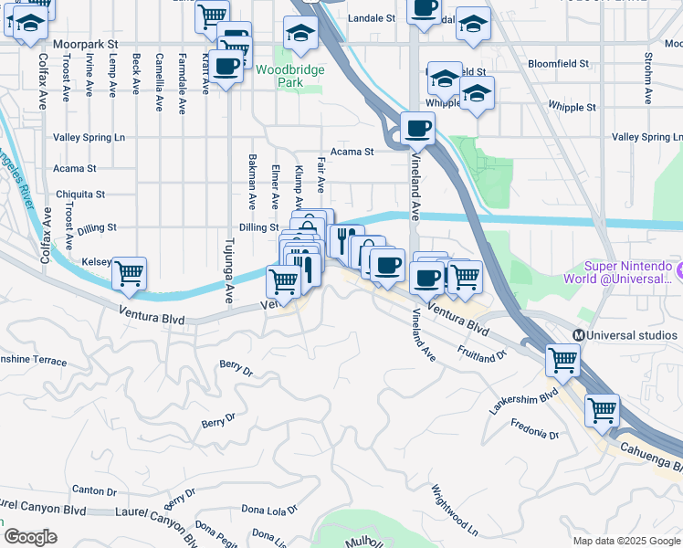 map of restaurants, bars, coffee shops, grocery stores, and more near 11158 Ventura Boulevard in Los Angeles