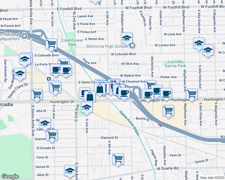 map of restaurants, bars, coffee shops, grocery stores, and more near 930 South 5th Avenue in Monrovia